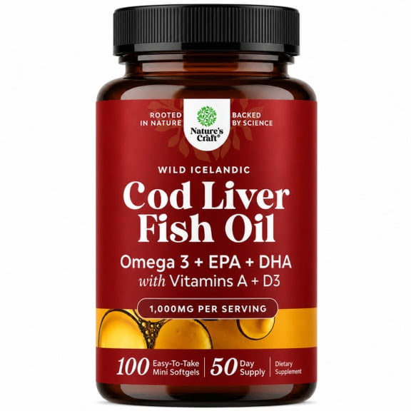 Natures Craft Wild Icelandic Cod Liver Oil Softgels, Omega 3 & Vitamin D Supplement, 100 Count