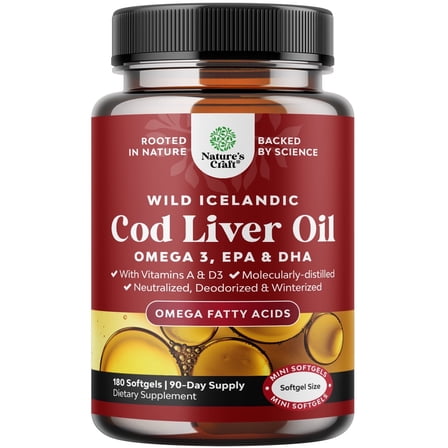 Icelandic Cod Liver Oil Softgels - Wild Caught Omega 3 Fish Oil 1000mg per serving - Sustainably Sourced Burpless Fish Supplement with Vitamin D3 & A for Heart Joint Brain & Immune Support - 180 Coun