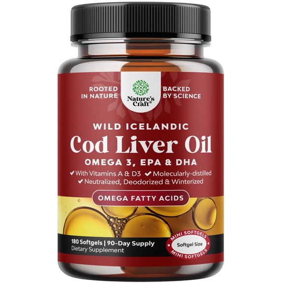 Icelandic Cod Liver Oil Softgels - Wild Caught Omega 3 Fish Oil 1000mg per serving - Sustainably Sourced Burpless Fish Supplement with Vitamin D3 & A for Heart Joint Brain & Immune Support - 180 Coun