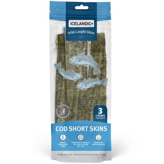 Icelandic+ Cod Short Skins: 3 Pack - Dog Treat Chews, 8-10" Strips, Single Ingredient - Just The Fish Nothing Else, Wild-Caught, Air-Dried, Pet Snack