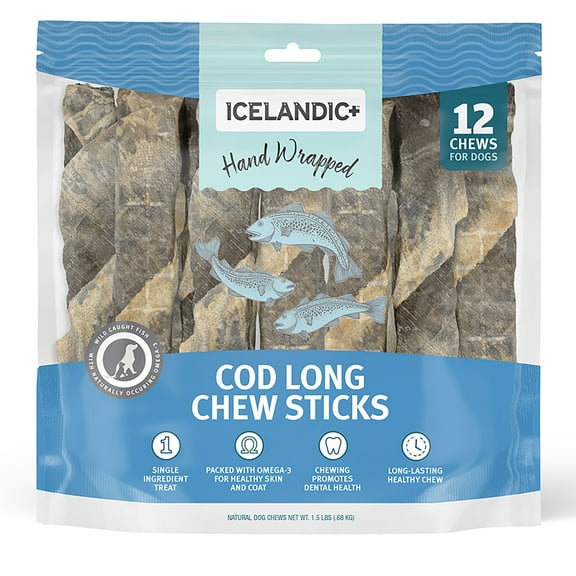 Icelandic+ Cod Skin Long Chew Sticks 10" - 12 Pack Bag - Dog Treats, Hand Wrapped Long-lasting Chews, Air-Dried Single Ingredient, No Preservatives