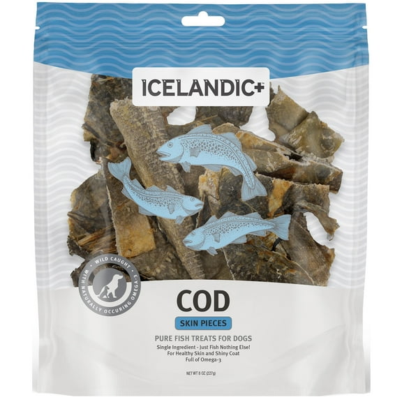 Icelandic+ Cod Skin Pieces - 8oz Bag - Pure Fish Dog Treats, Wild- Caught & Air-Dried, Single Ingredient Snacks, Pet Chews, Just The Fish Nothing Else