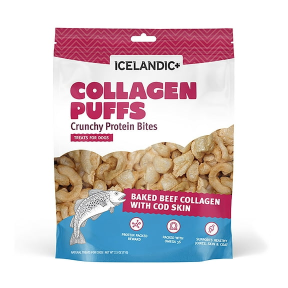 Icelandic+ Collagen Puffs: Baked Beef Collagen With Cod Skin 2.5oz - Treats For Med-Lg Dogs, Crunchy Protein Bites