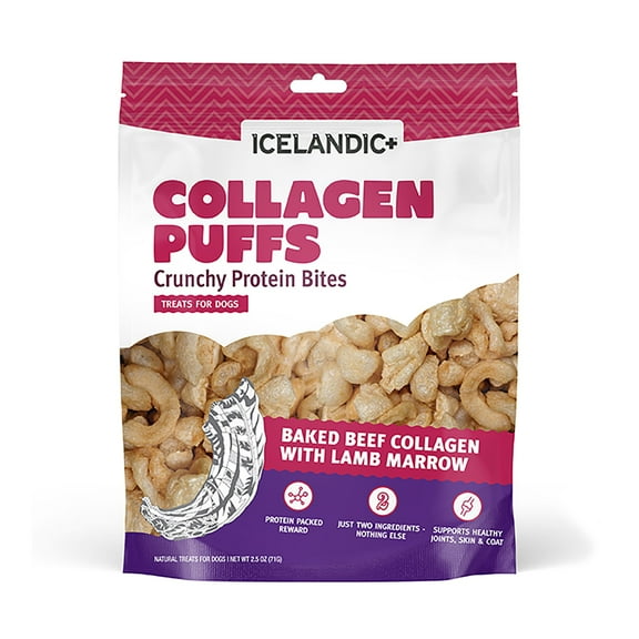 Icelandic+ Collagen Puffs: Baked Beef Collagen With Lamb Marrow 2.5oz - Treats For Med-Lg Dogs, Crunchy Protein Bites