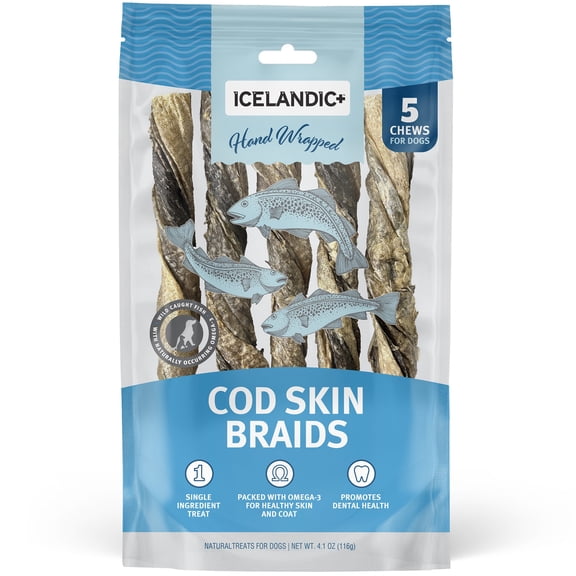 Icelandic+ Cod Skin Braids - 5 Pack - Dog Treat Chews, 5.5-7" Sticks, Single Ingredient, Air-Dried, Hand-Wrapped Wild-Caught Fish, Omega-3 Pet Snack