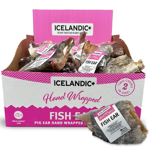 Icelandic+ Fish Ear - 30 Pack - Pig Ear Hand-Wrapped In Fish Cod Skin, Dog Treats, 2 Ingredient Long-Lasting Chews, Pet Snacks, Rawhide Alternative