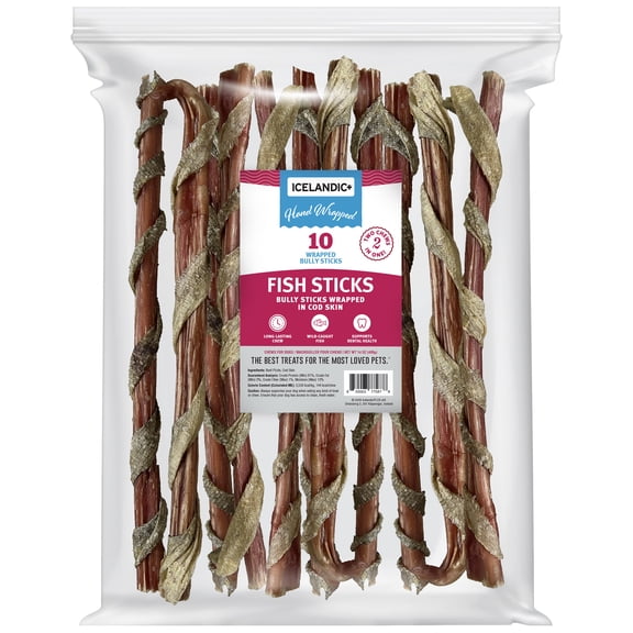 Icelandic+ Fish Sticks - Bully Stick Wrapped In Cod Skin - 10 Pack, 12" - Dog Treats, 2 Ingredient Chews, Hand-Wrapped Wild-Caught Fish, Pet Snacks