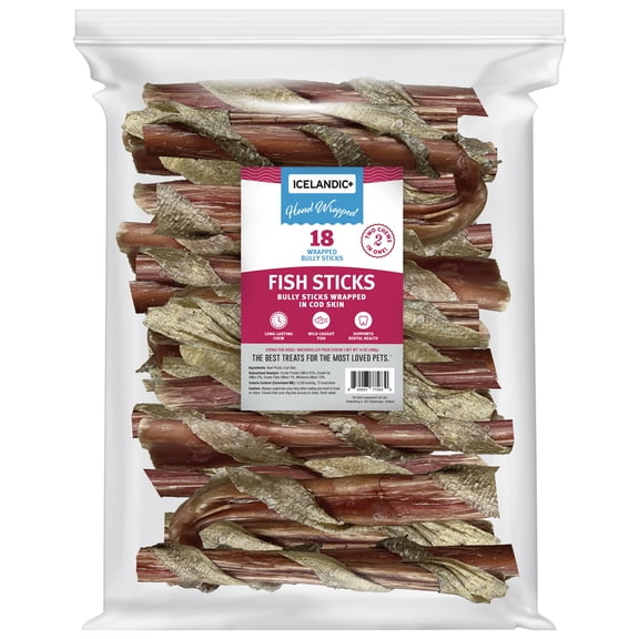 Icelandic+ Fish Sticks - Bully Stick Wrapped In Cod Skin - 18 Pack, 6" - Dog Treats, 2 Ingredient Chews, Hand-Wrapped Wild-Caught Fish, Pet Snacks
