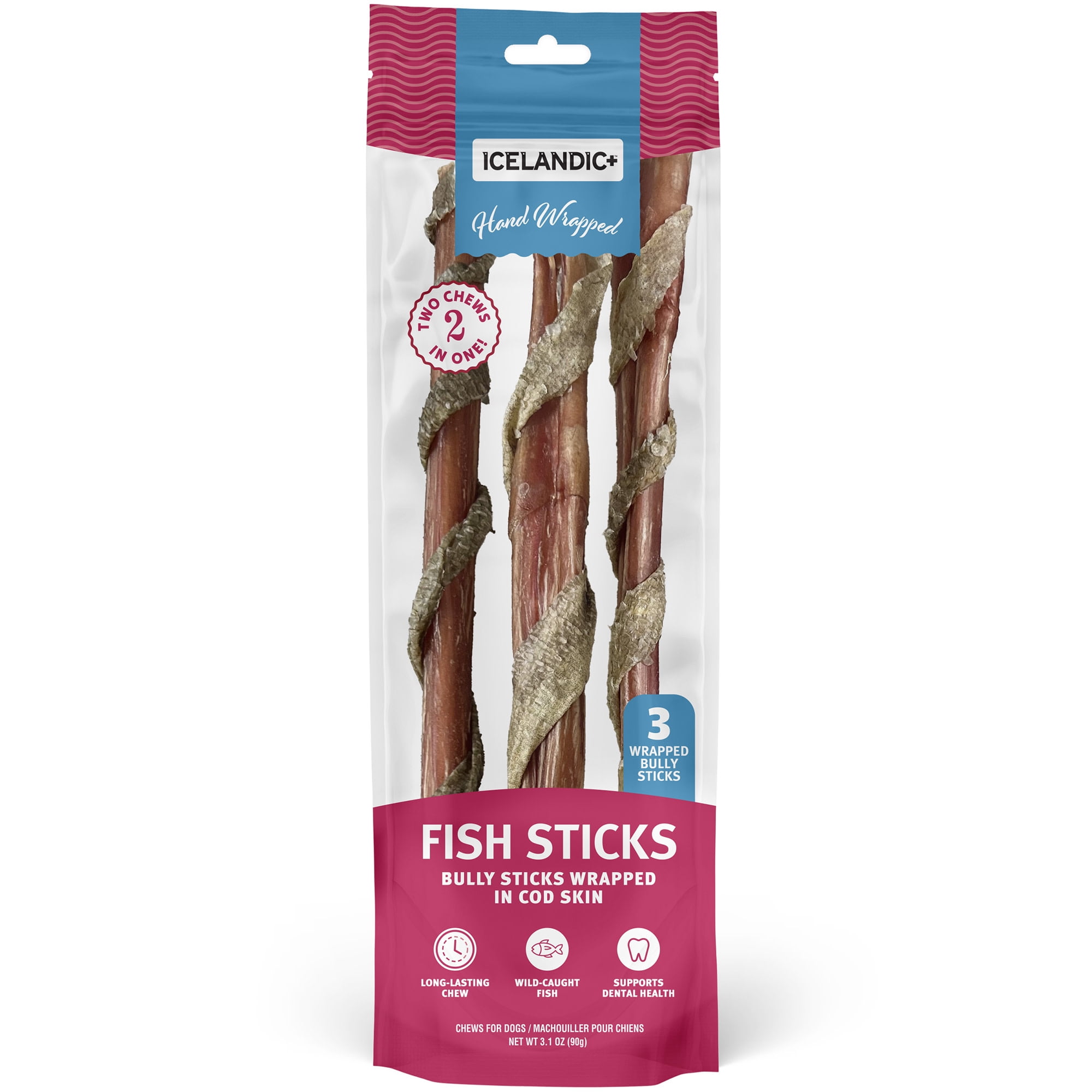 Icelandic+ Fish Sticks - Bully Stick Wrapped In Cod Skin - 3 Pack, 12" - Dog Treats, 2 Ingredient Chews, Hand-Wrapped Wild-Caught Fish, Pet Snacks