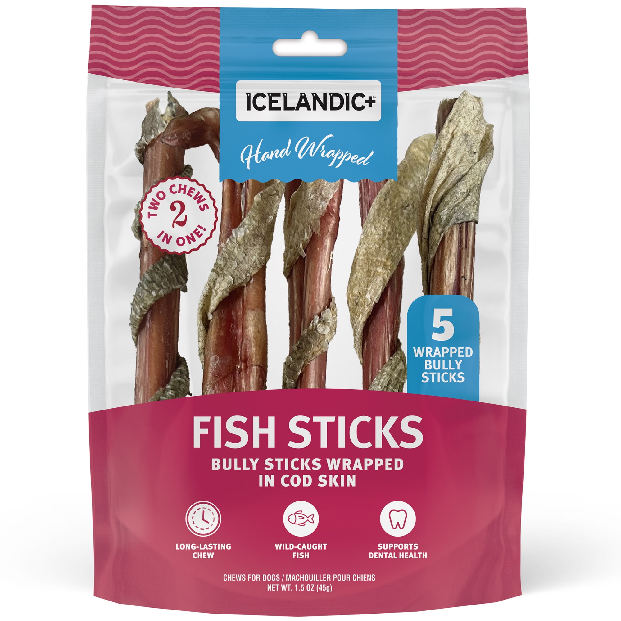 Icelandic+ Fish Sticks - Bully Stick Wrapped In Cod Skin - 5 Pack, 6" - Dog Treats, 2 Ingredient Chews, Hand-Wrapped Wild-Caught Fish, Pet Snacks
