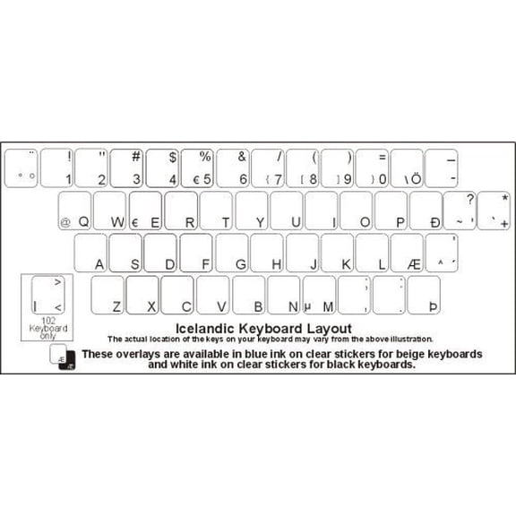 Icelandic Keyboard Stickers - Labels - Overlays with White Characters for Black Computer Keyboard