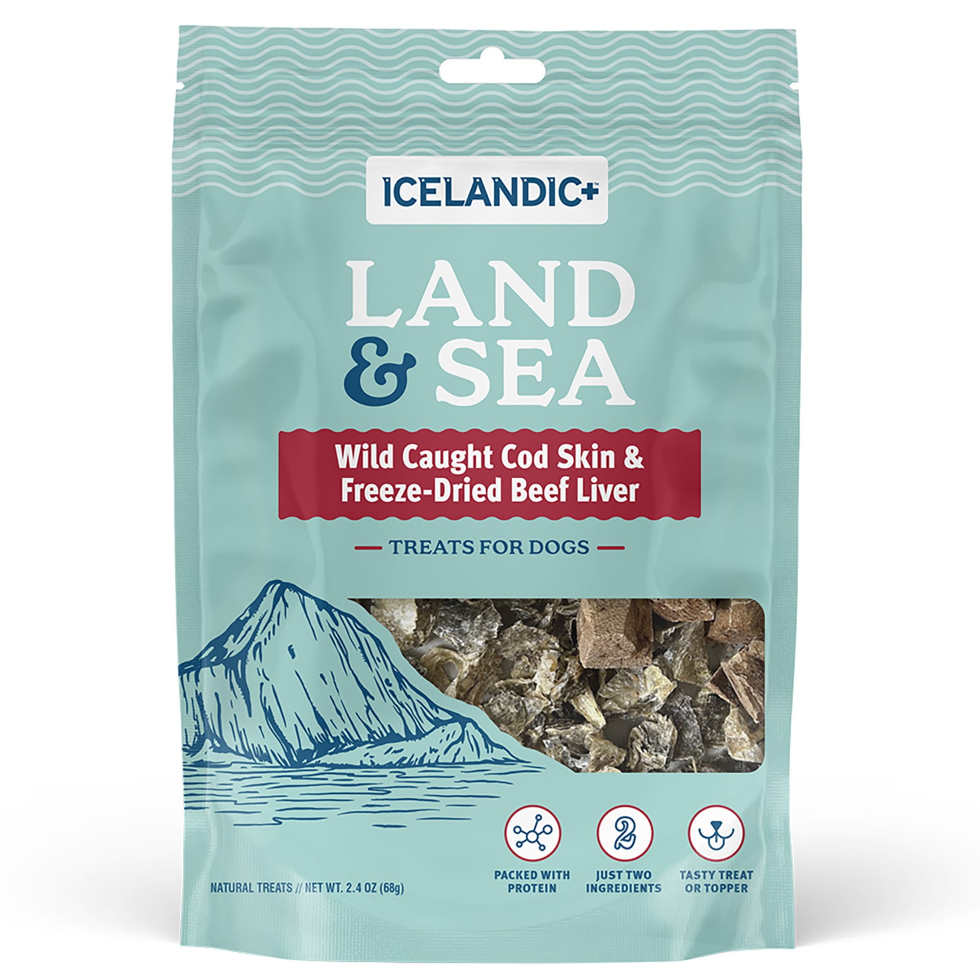 Icelandic+ Land & Sea: Wild Caught Cod Skin & Freeze-Dried Beef Liver - 2.4oz Bag, Dog Treat & Food Topper, 2 Ingredients, No Preservatives, Natural