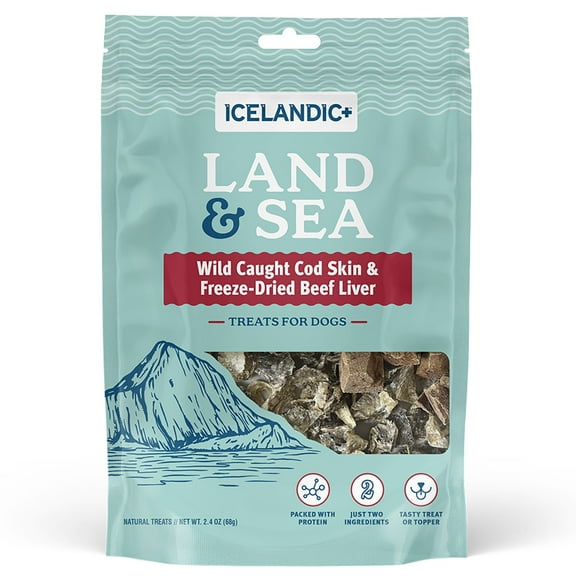 Icelandic+ Land & Sea: Wild Caught Cod Skin & Freeze-Dried Beef Liver - 2.4oz Bag, Dog Treat & Food Topper, 2 Ingredients, No Preservatives, Natural