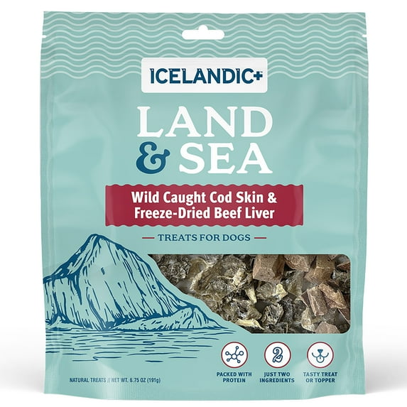 Icelandic+ Land & Sea Wild Caught Cod Skin & Freeze-Dried Beef Liver - 6.75oz Bag, Dog Treat & Food Topper, 2 Ingredients, No Preservatives, Natural