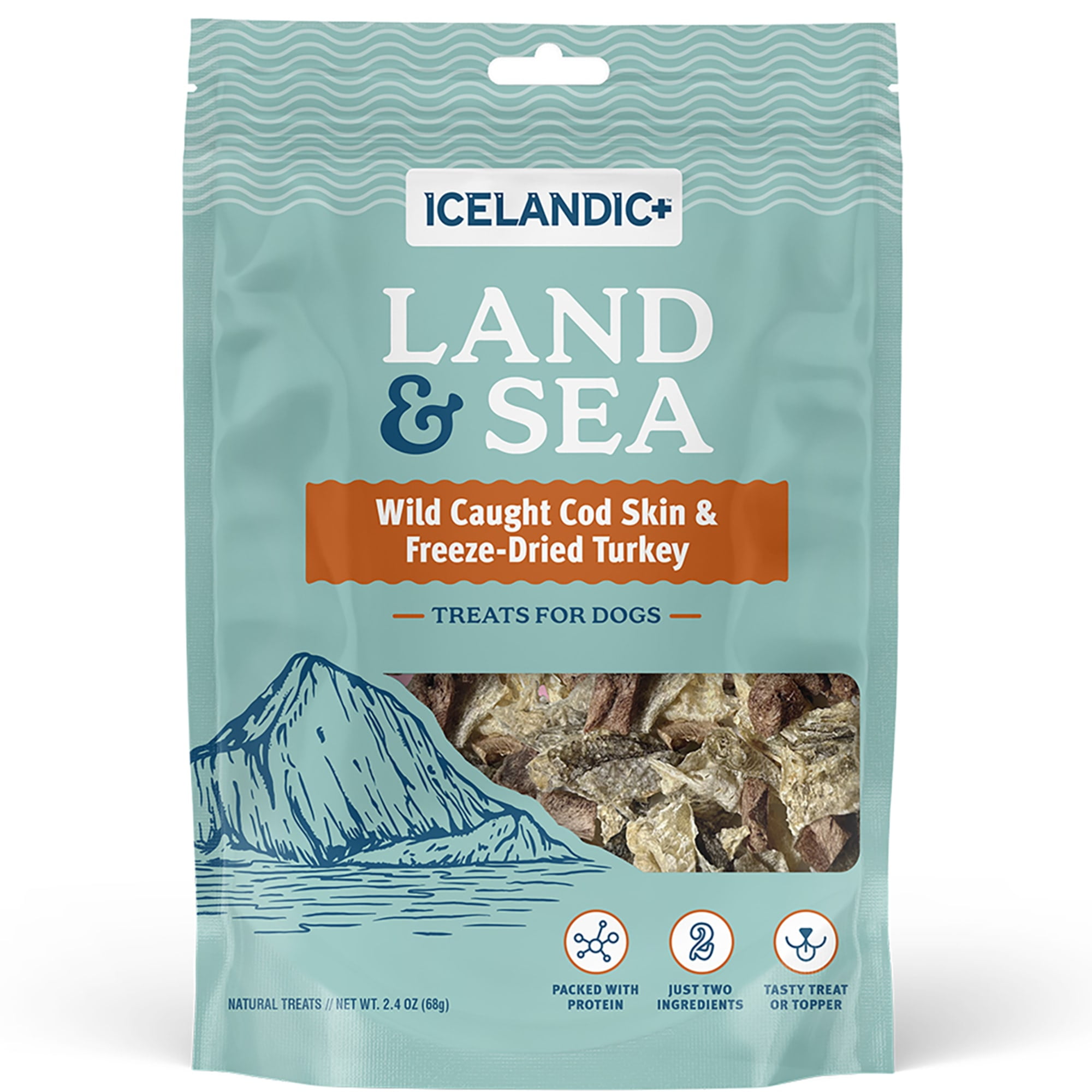 Icelandic+ Land & Sea Wild Caught Cod Skin & Freeze-Dried Turkey - 2.4oz Bag, Dog Treat & Food Topper, 2 Ingredients, No Preservatives, All Natural