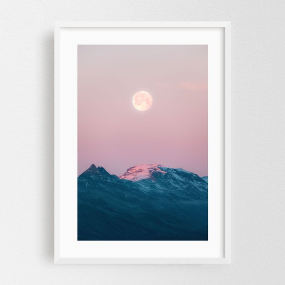 Icelandic Moonrise - Iceland Photography Moon Landscape Mountain Nature Scenic Pastel Night Sky White Framed Wall Art Print 5 x 7 inches