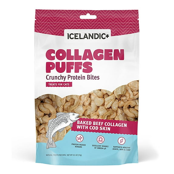Icelandic+ Collagen Puffs: Baked Beef Collagen With Cod Skin - .5oz Bag - Cat Treats, Crunchy Protein Bites, 2 Ingredients, Approx 1-1.5" Snacks