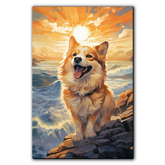 Icelandic Sheepdog Canvas Wall Art Framed Great Wave Oil Painting Stretched and Framed Artsy Romantic Wall Paintings Girlfriend gift for Living Room Bedroom Bathroom Office Wall Décor