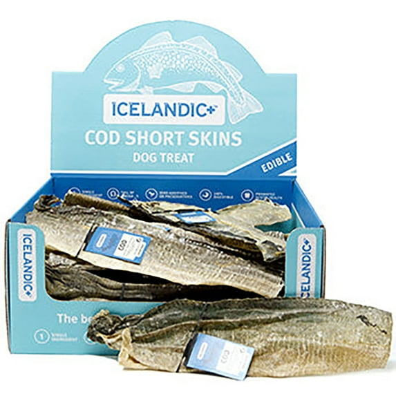 Icelandic+ Cod Short Skins: 36 Pack - Dog Treat Chews, 8-10" Strips, Single Ingredient - Just The Fish Nothing Else, Wild-Caught, Air-Dried, Pet Snack