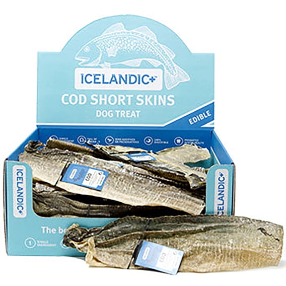 Icelandic+ Cod Short Skins: 36 Pack - Dog Treat Chews, 8-10" Strips, Single Ingredient - Just The Fish Nothing Else, Wild-Caught, Air-Dried, Pet Snack