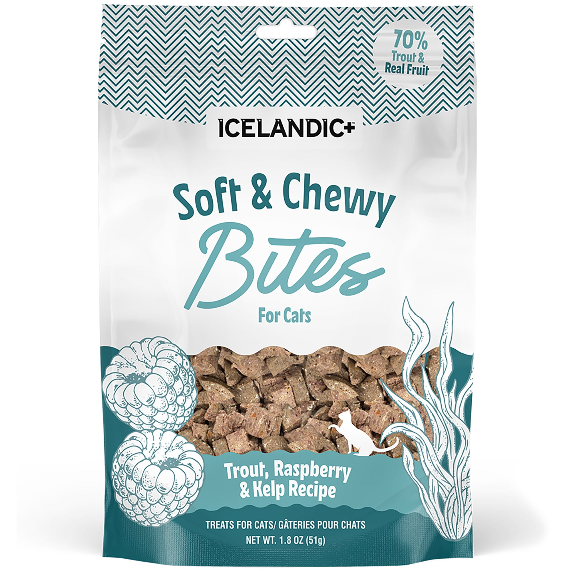 Icelandic+ Soft & Chewy Bites - Trout, Raspberry & Kelp - 1.8oz Cat Treats, 70% Meat & Fruit, Air-Dried, Limited Ingredients, Pet Snack, Grain Free