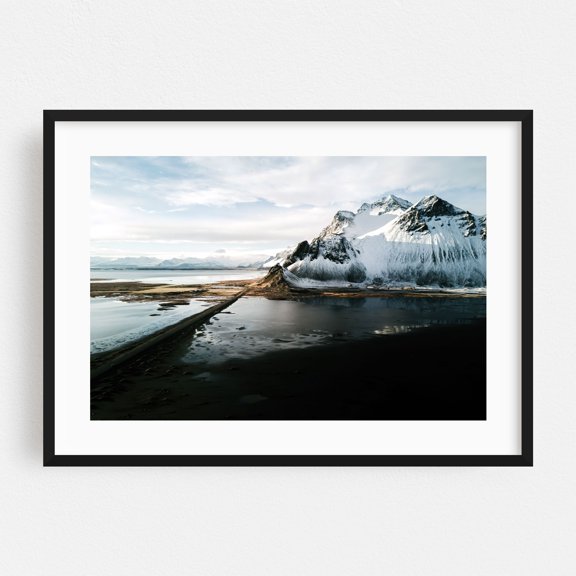 Icelandic Tranquility - Iceland Photography Mountain Snow Landscape Nature Scenic Coast Winter Black Framed Wall Art Print 5 x 7 inches