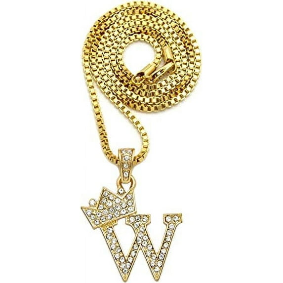 Icemond Rhinestone Studded Crown Small Initial Alphabet Letter Pendant Necklace 18" Box Chain Necklace in Gold Tone or Silver Tone