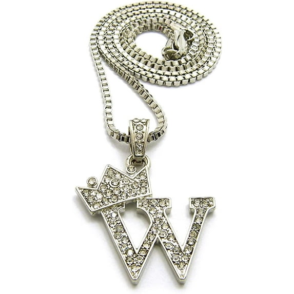 Icemond Rhinestone Studded Crown Small Initial Alphabet Letter Pendant Necklace 24" Box Chain Necklace in Gold Tone or Silver Tone