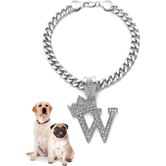 Icemond Rhinestone Studded Initial Pendant 26" Cuban Chain Fashion Costume Jewelry Necklace for Dogs Cats in Gold or Rhodium Tone