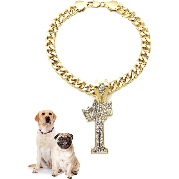 Icemond Rhinestone Studded Initial Pendant 26" Cuban Chain Fashion Costume Jewelry Necklace for Dogs Cats in Gold or Rhodium Tone