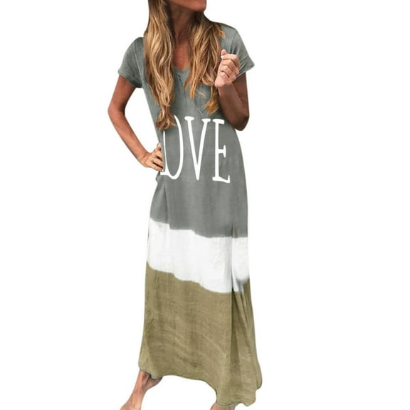 Ichaunyi Summer Dresses Women Plus Size Daily Tie-dyed Color Block Loose V Neck Short Sleeve Maxi Dress