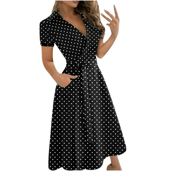 Ichaunyi Summer Dresses Women's Casual Loose Bandage Short Sleeve Printing V-Neck Ankle-Length Dress