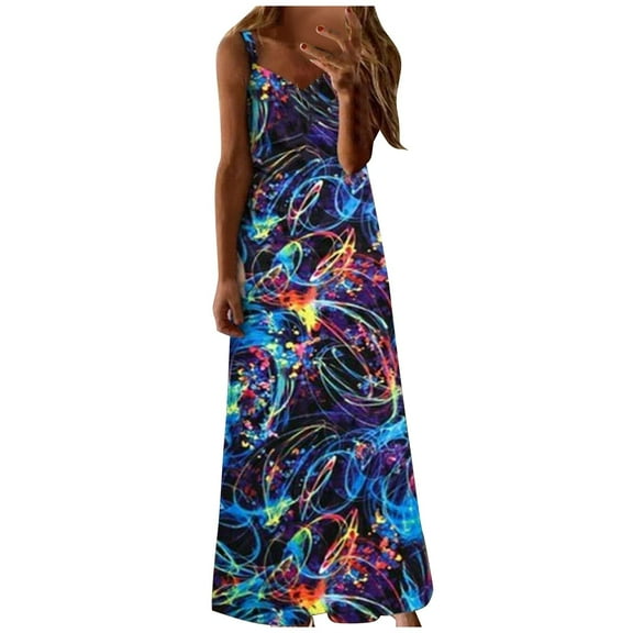 Ichaunyi Summer Dresses Women's Fashion Loose Luminous Print Sleeveless Casual Vest Long Dress