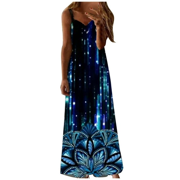 Ichaunyi Summer Dresses Women's Fashion Loose Luminous Print Sleeveless Casual Vest Long Dress
