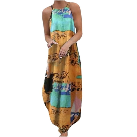 Ichaunyi Summer Dresses Women Fashion O-Neck Halter printing Sleeveless Casual Slit Loose Long Dress