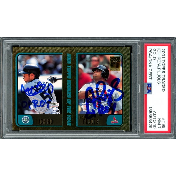 Ichiro Suzuki & Albert Pujols Autographed 2001 Topps Traded Gold Rookie Card #T99 PSA 7 Auto Grade Gem Mint 10 "01 ROY" #529/2001 PSA/DNA #135353429