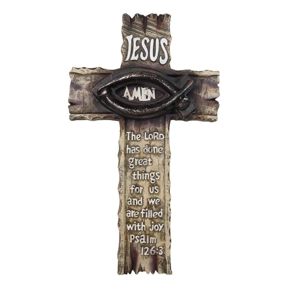 Ichthys Fish Spike Nails Jesus with Scriptural Psalm 126 Faux Wood Wall Cross