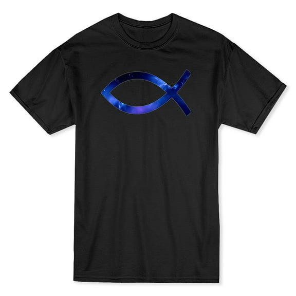 Ichthys Jesus Fish Across Chest Blue Space Style Graphic Men Black T-Shirt, Male Medium