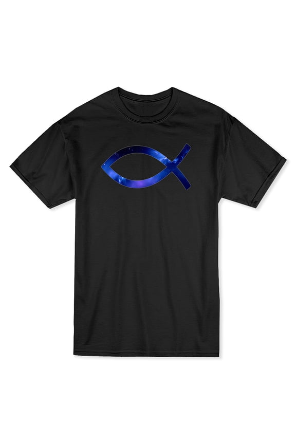 Ichthys Jesus Fish Across Chest Blue Space Style Graphic Men Black T-Shirt, Male Medium
