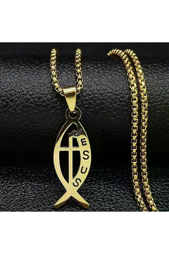 Ichthys Jesus Fish Cross Christ God Pendant Necklace For Women Men Stainless Steel Gold Color Christian Chain Jewelry N1482S02