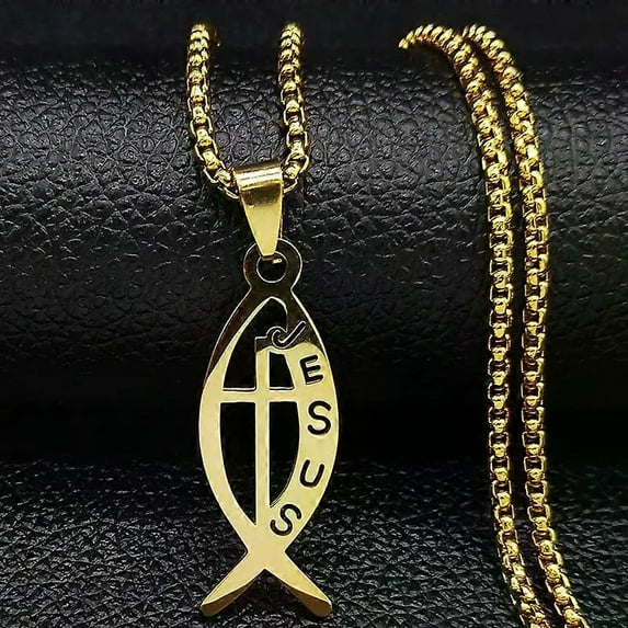 Ichthys Jesus Fish Cross Christ God Pendant Necklace For Women Men Stainless Steel Gold Color Christian Chain Jewelry N1482S02