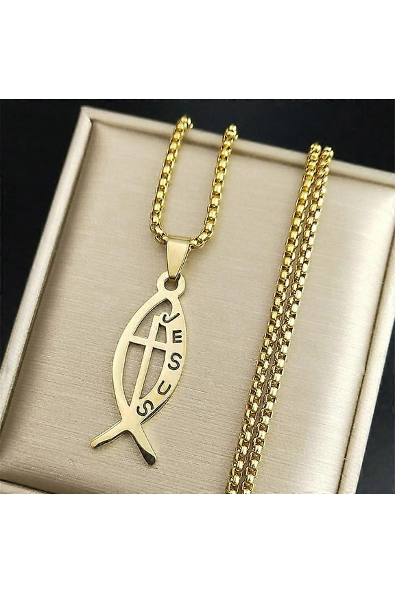 Ichthys Jesus Fish Cross Christ God Pendant Necklace For Women Men Stainless Steel Gold Color Christian Chain Jewelry N1482S02