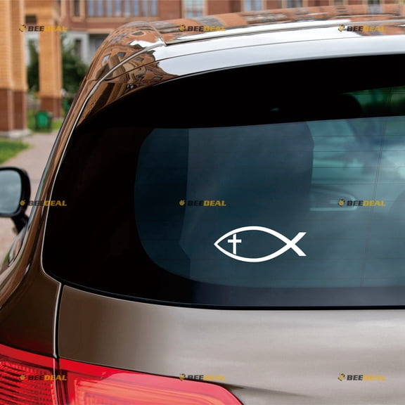 Ichthys Jesus Fish Cross Christian Symbol Ichthus Sticker Decal Vinyl - 2 Pack White, 6 Inches - No Background for Car Boat Laptop Cup Phone