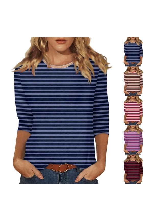 Ichuanyi 3/4 Length Sleeve Women Tops Crew Neck Blouses Striped Casual Summer T Shirts Loose Fit Business Work Clothes