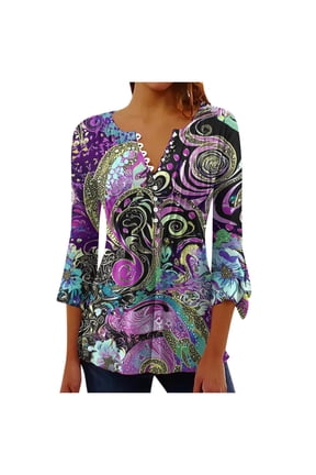 Ichuanyi 3/4 Length Sleeve Womens Tops Casual V Neck Button-down Flared Sleeve Pleated Top Boho Floral Blouses Work Shirts