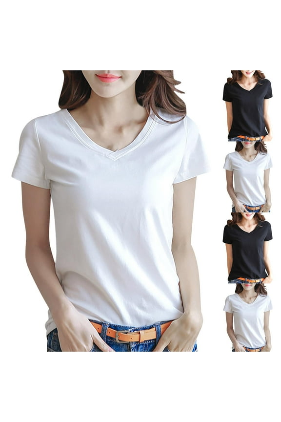 Ichuanyi Basic T Shirts for Women,V Neck Short Sleeve Summer Shirts,Solid Loose Fit Tshirt, Plain Workout Tops, Undershirts