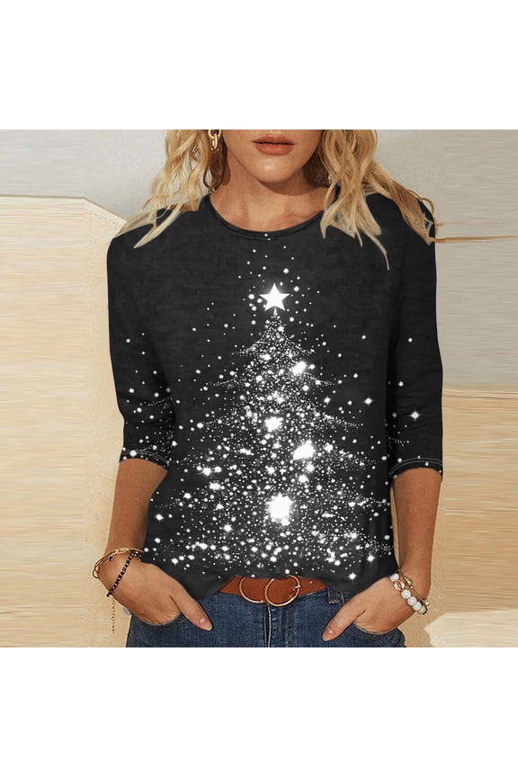 Ichuanyi Christmas Day Womens Tops, Fall and Winter Women's Christmas Tree Print Long Sleeve Tops Loose Blouse Casual O-Neck Graphic Tee Shirts Tunic