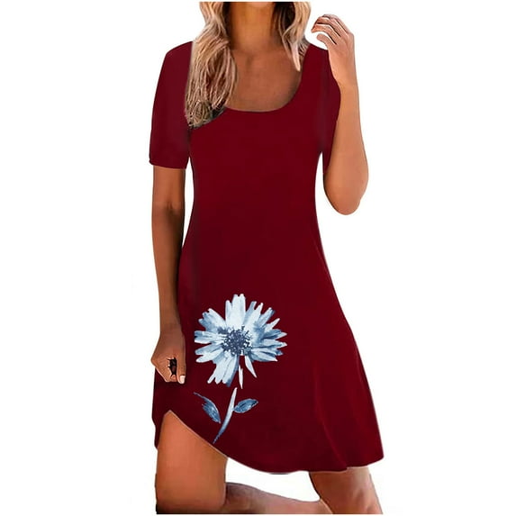 Ichuanyi Summer Dresses Casual Loose Dress For Women,Womens O-Neck Sleeve Sundress Swing Flowy Mini Dress Solid Dress