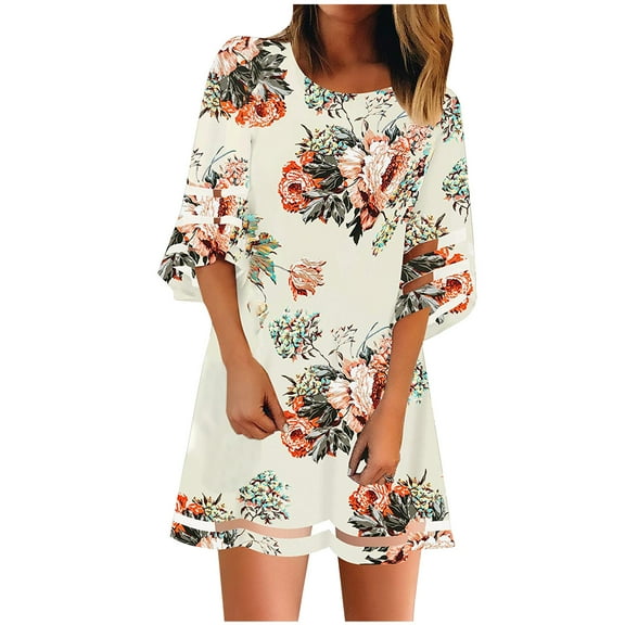 Ichuanyi Summer Dresses Fashion Women Casual V-Neck Net Yarn Flared Sleeve Printing Loose Dress
