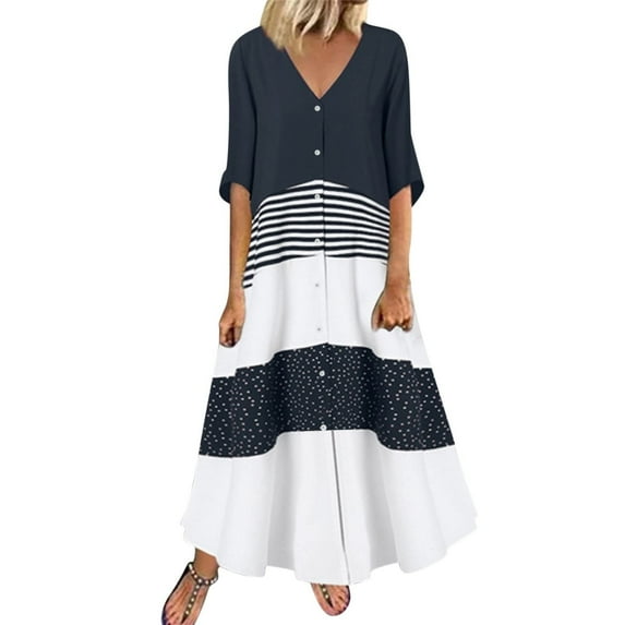 Ichuanyi Summer Dresses Fashion Women Summer Print V-Neck Short Sleeve Button Pachwork Casual Dress